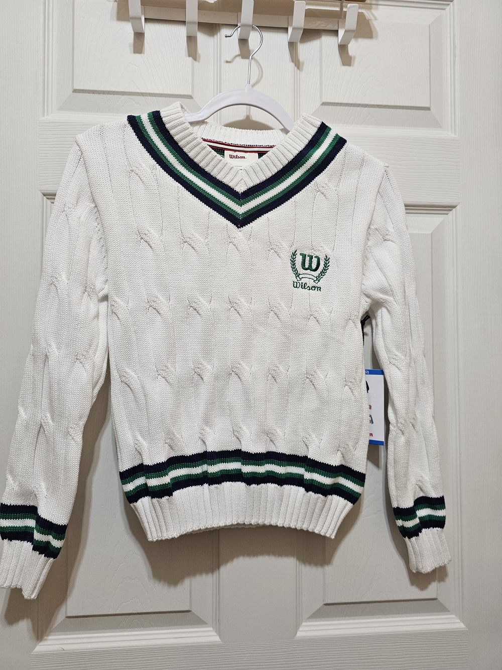 NWT Wilson White Cable-Knit V-Neck Sweater | Preppy Tenniscore Varsity